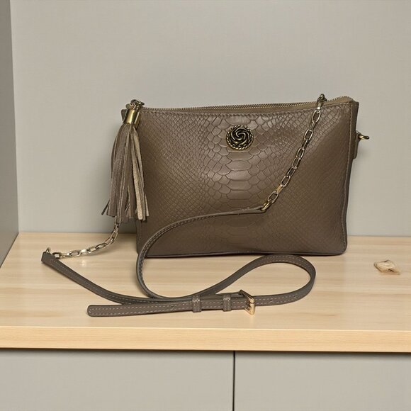 GiGi New York Hailey Crossbody Bag Taupe Python Embossed Leather Tassel Clutch - Picture 2 of 9